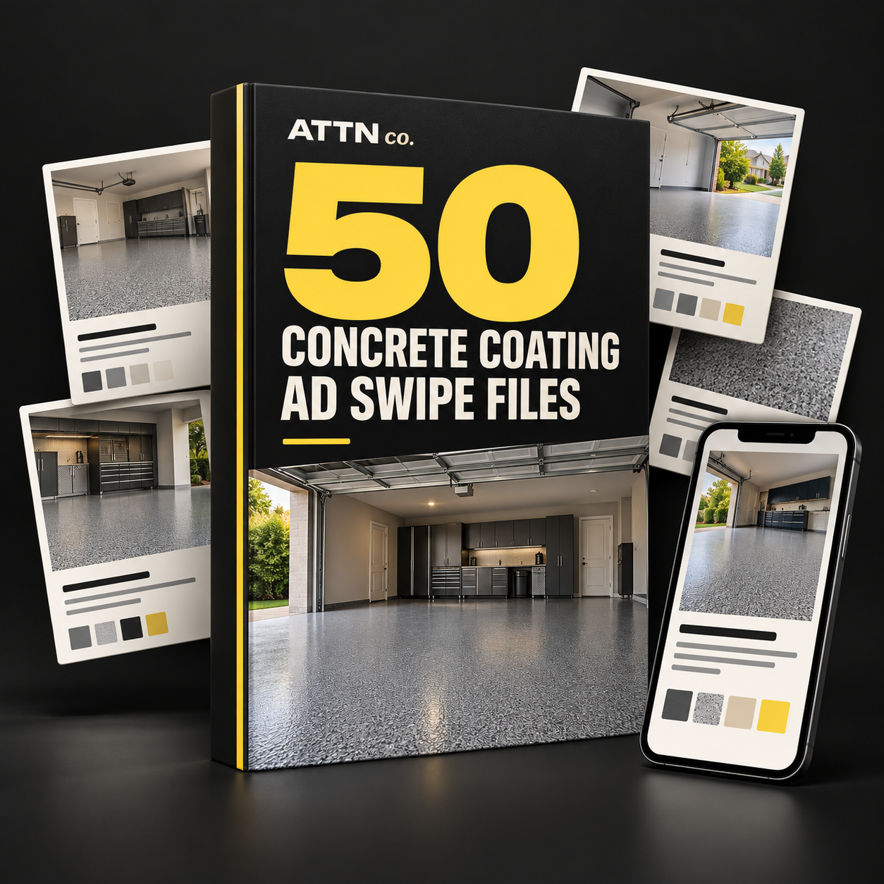 Illustration of the ATTN pack of 50 concrete-coating ad swipe files, with sample floor ad cards and a phone